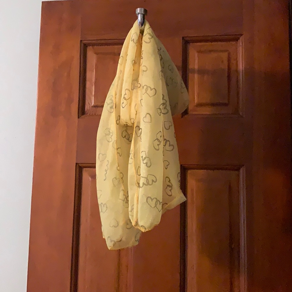 Yellow sheer scarf with gray hearts